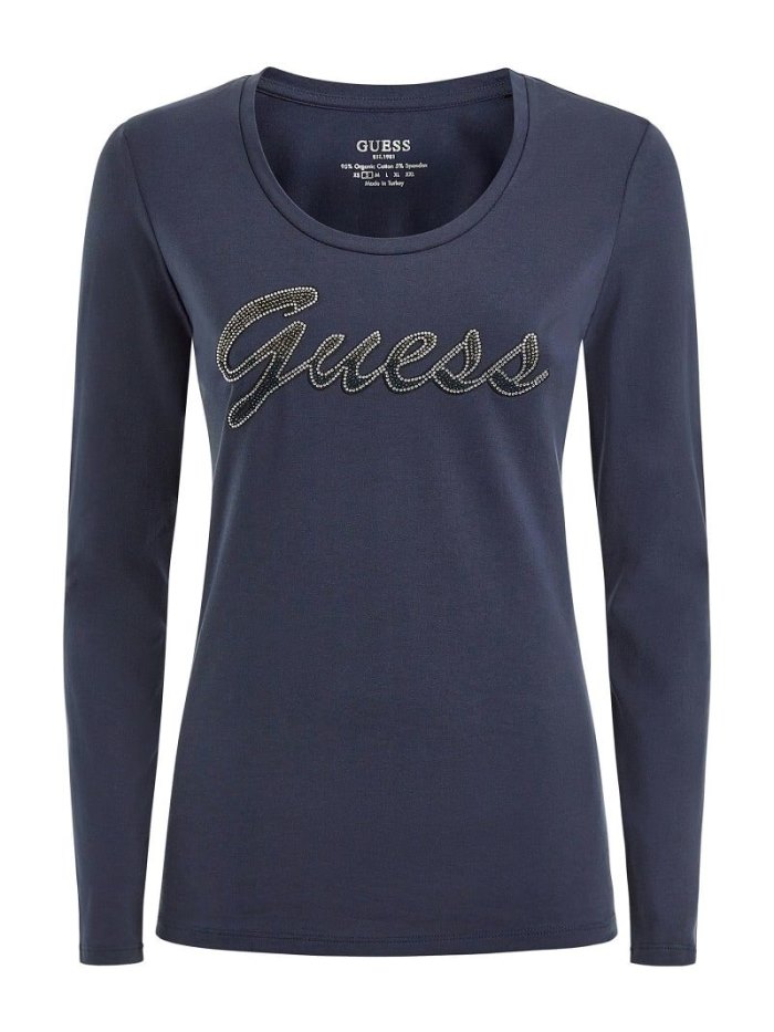 Guess Rhinestones Logo Kadın Tişört Mavi | TR-289126