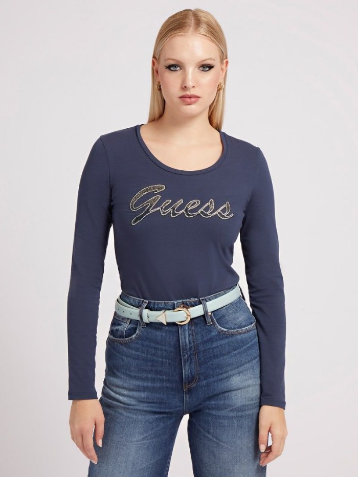 Guess Rhinestones Logo Kadın Tişört Mavi | TR-289126