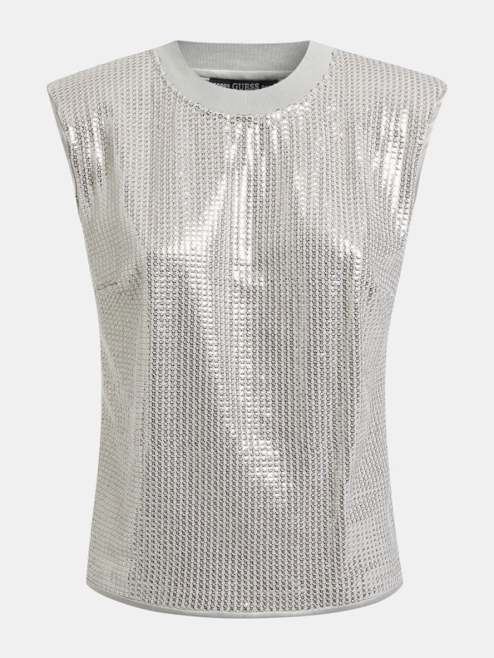 Guess Rib Collar Sequins Tank Top Kadın Atlet Gümüş | TR-205295