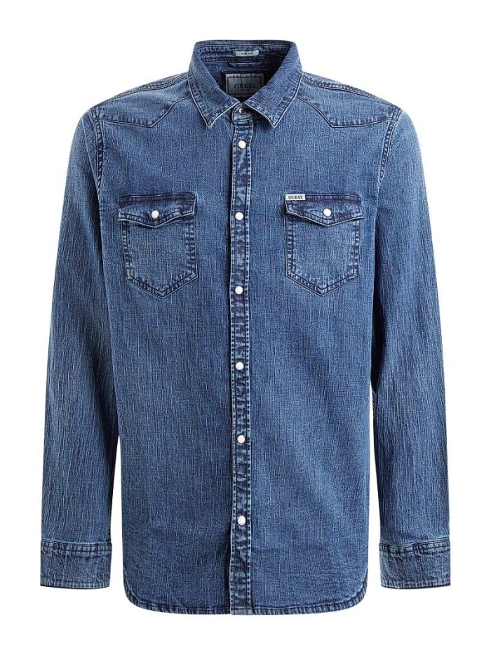 Guess Slim Fit Erkek Denim Shirts Mavi | TR-495664