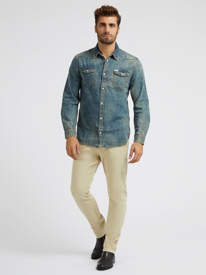 Guess Slim Fit Erkek Denim Shirts Mavi | TR-992932