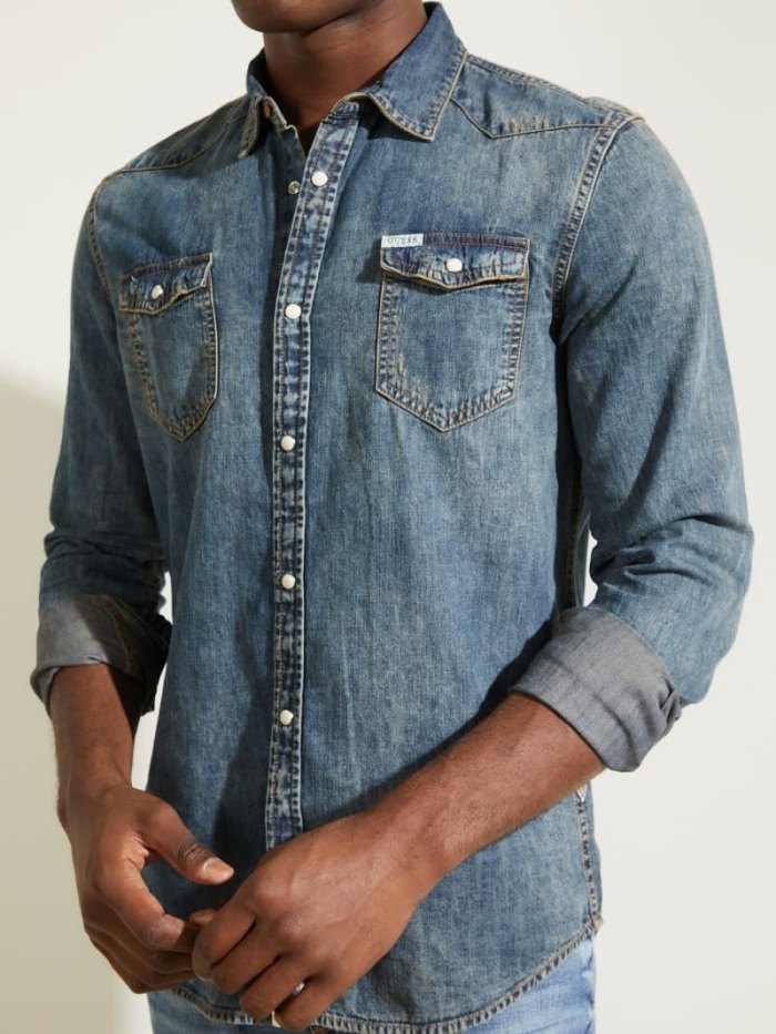 Guess Slim Fit Erkek Denim Shirts Mavi | TR-992932