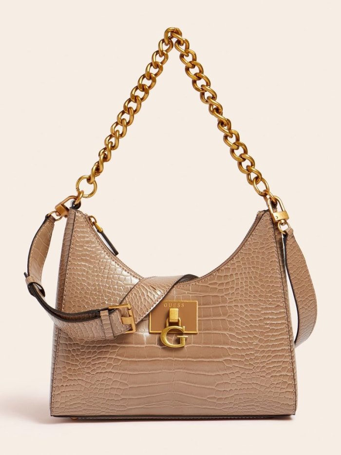 Guess Stephi Croc Print Kadın Hobo Çanta Krema | TR-515990