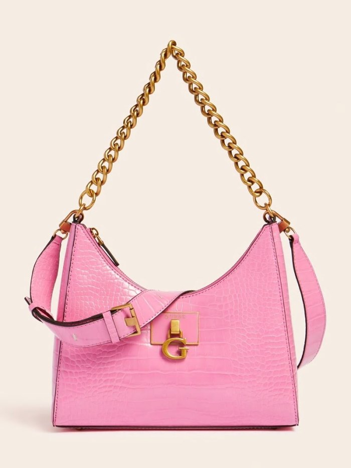 Guess Stephi Croc Print Kadın Hobo Çanta Pembe | TR-986068