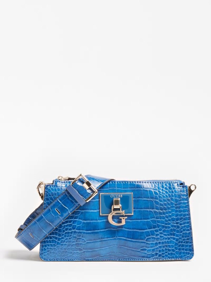 Guess Stephi Croc Print Mini Kadın Çapraz Askılı Çanta Mavi | TR-740314