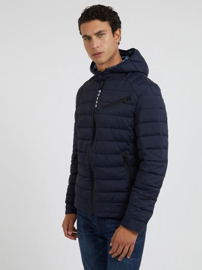 Guess Tech Stretch Naylon Erkek Puffer Jacket Mavi | TR-924380