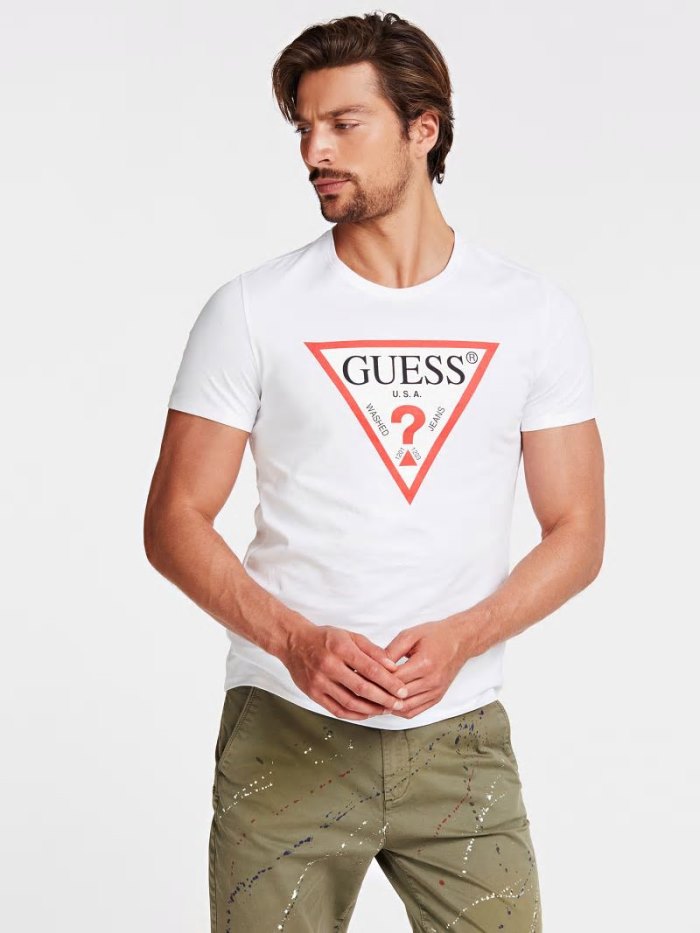 Guess Triangle Logo Erkek Tişört Beyaz | TR-443985