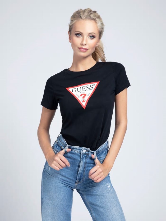 Guess Triangle Logo Kadın Tişört Siyah | TR-860314