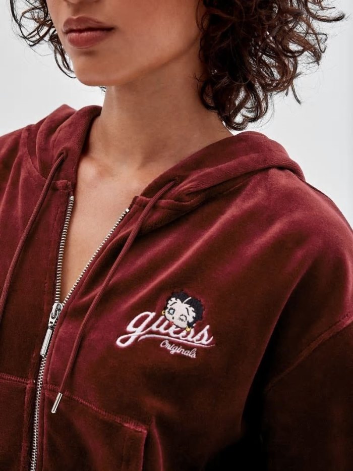 Guess Velour Crop Kadın Tişörtü Bordo | TR-668946