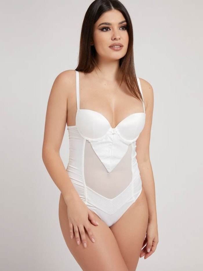 Guess Yastıklı Satin Body Kadın Bodysuit Beyaz | TR-215667