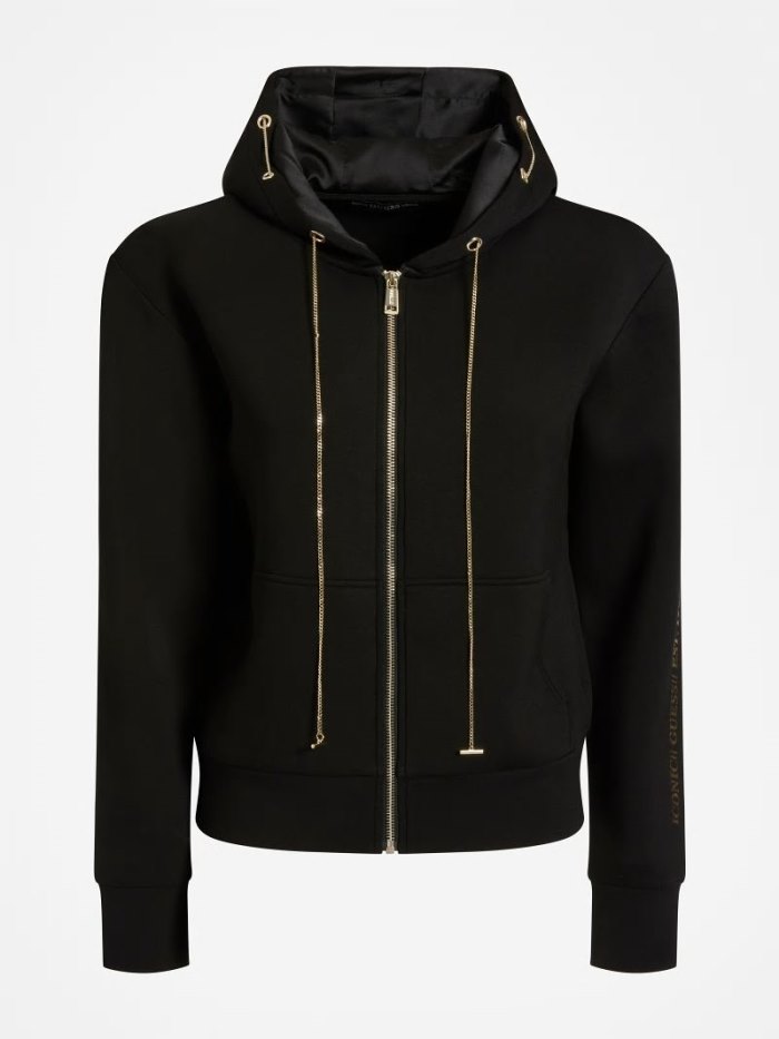 Guess Zip Sabitleme Hoodie Kadın Tişörtü Siyah | TR-052414